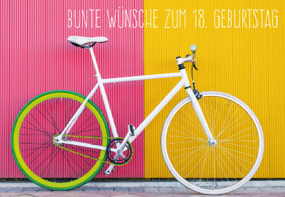 Zahlengeburtstag - wei?es Fahrrad vor bunter Wand