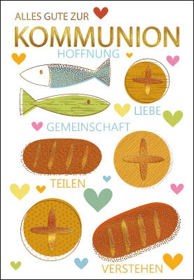 Kommunion - Brot, Fische, Herz, illustriert
