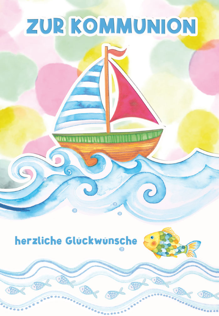 Kommunion -buntes Schiff auf Wellen