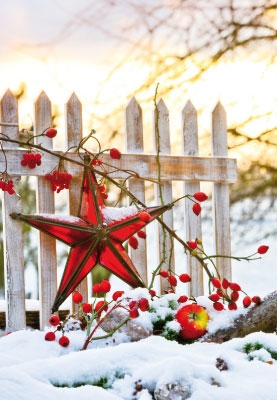 Winterlandschaft - leuchtender Stern am Zaun