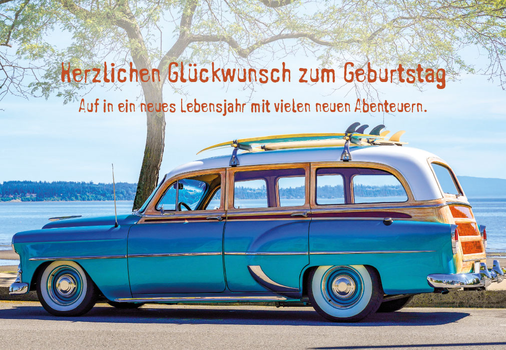 Geburtstag - Oldtimer, Baum, Meer, Surfbretter