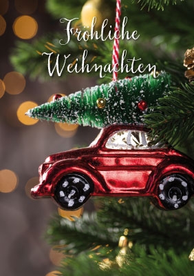 Weihnachten - Kleine Kartengrüße rotes Auto als Anhänger 