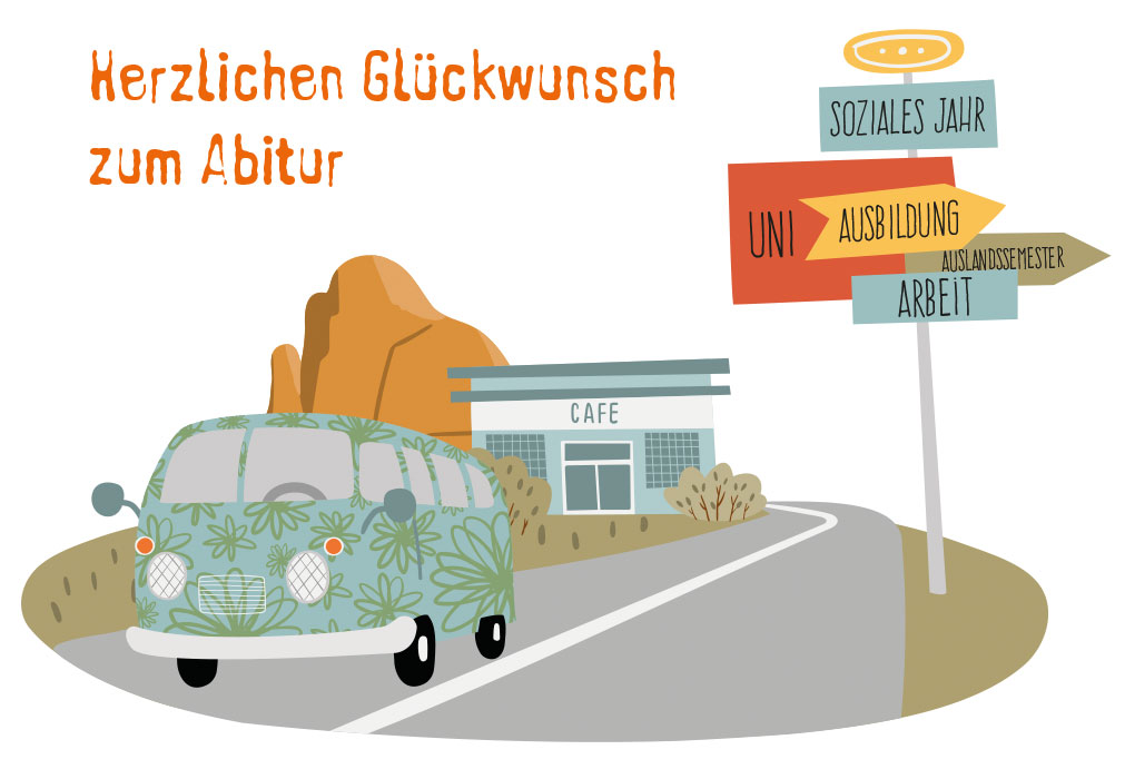 Abitur - Bus, Tankstelle, Reise, Illustration