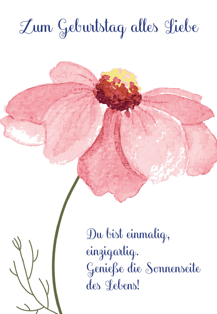 Geburtstag - rosa Blume mit Blütenstaub, gemalt