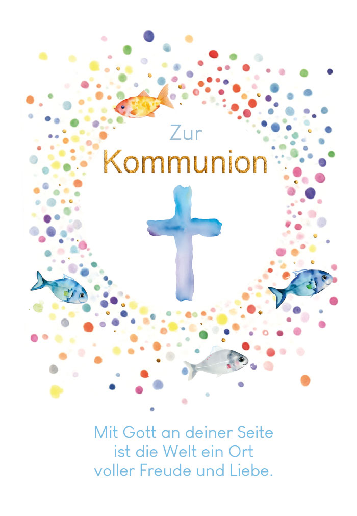 Kommunion - Kreuz, Fische, bunte Tupfen