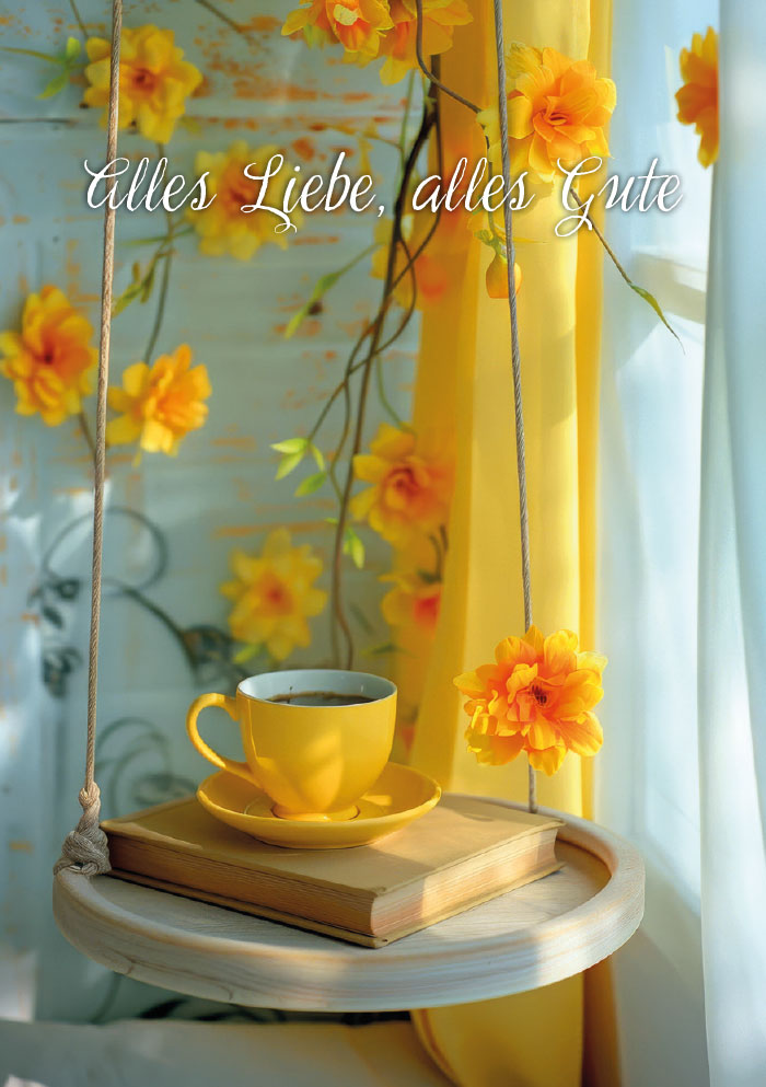 Kleine Kartengrüße - gelbe Blüten, Tasse, Buch