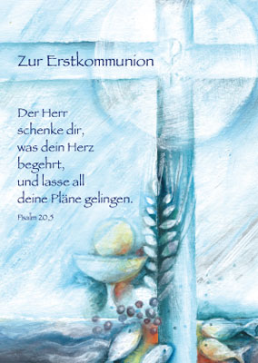 Kommunion - Postkarte, illustriertes Kreuz und Kelch