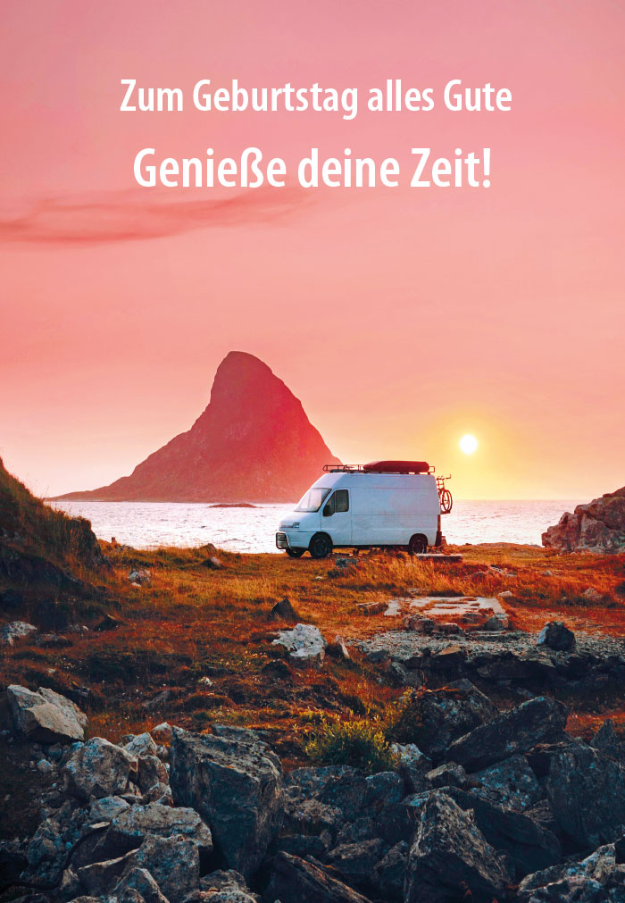 Geburtstag - Wohnmobil, Surfbrett, Sonnenuntergang