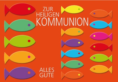 Kommunion - Fische auf rotem Grund, illustriert