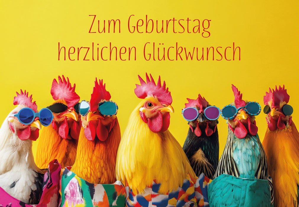 Geburtstag - Gute Laune, bunte Hühner mit Sonnenbrille