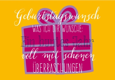 Geburtstag - Handlettering, gelb, lila mit Geschenk