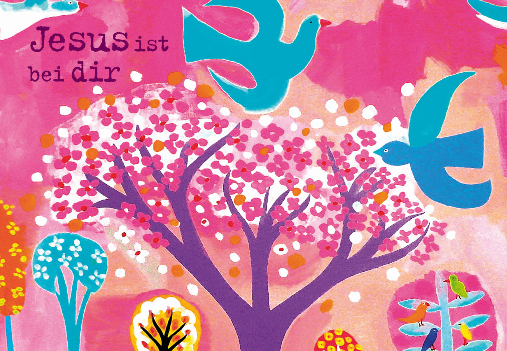 Kommunion - buntes Bild mit Baum und Vögel