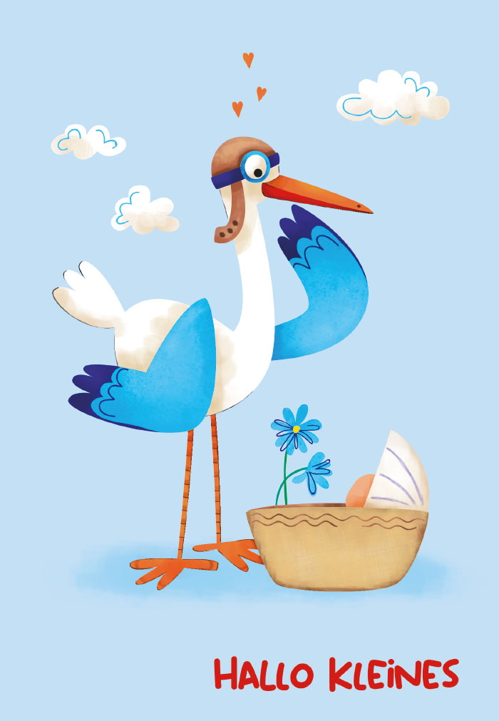 Geburt - Storch mit Baby in Korb, Illustration