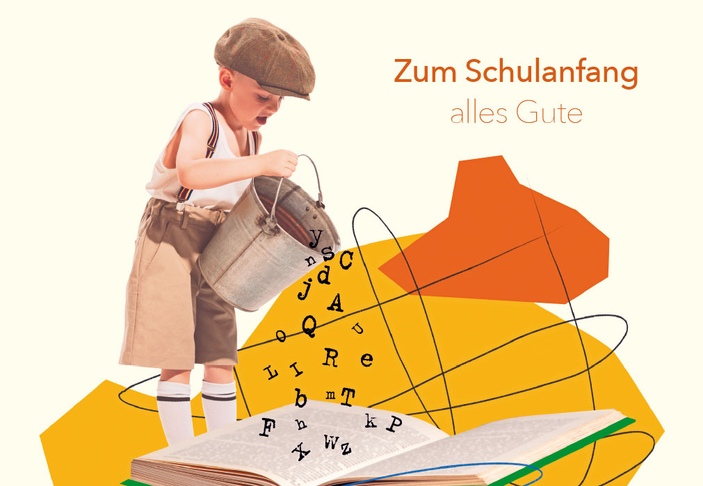 Schulanfang - Bub mit Eimer der Buchstaben entleert