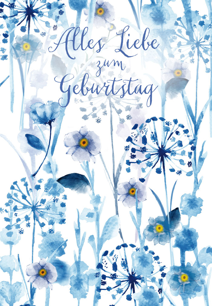 Geburtstag - Handlettering ,illustrierte blaue Blüten