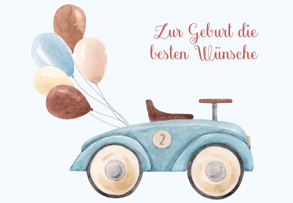 Geburt - blaues Auto mit Luftballons